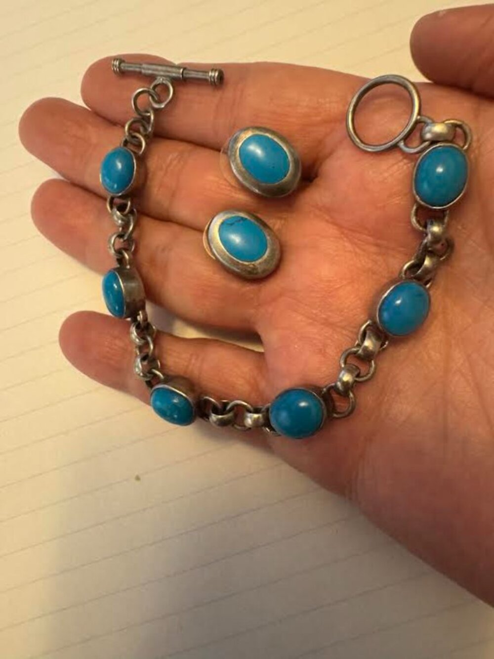 Silver and Turquoise Bracelet with earrings marked 925 Mexico - Picture 3 of 16
